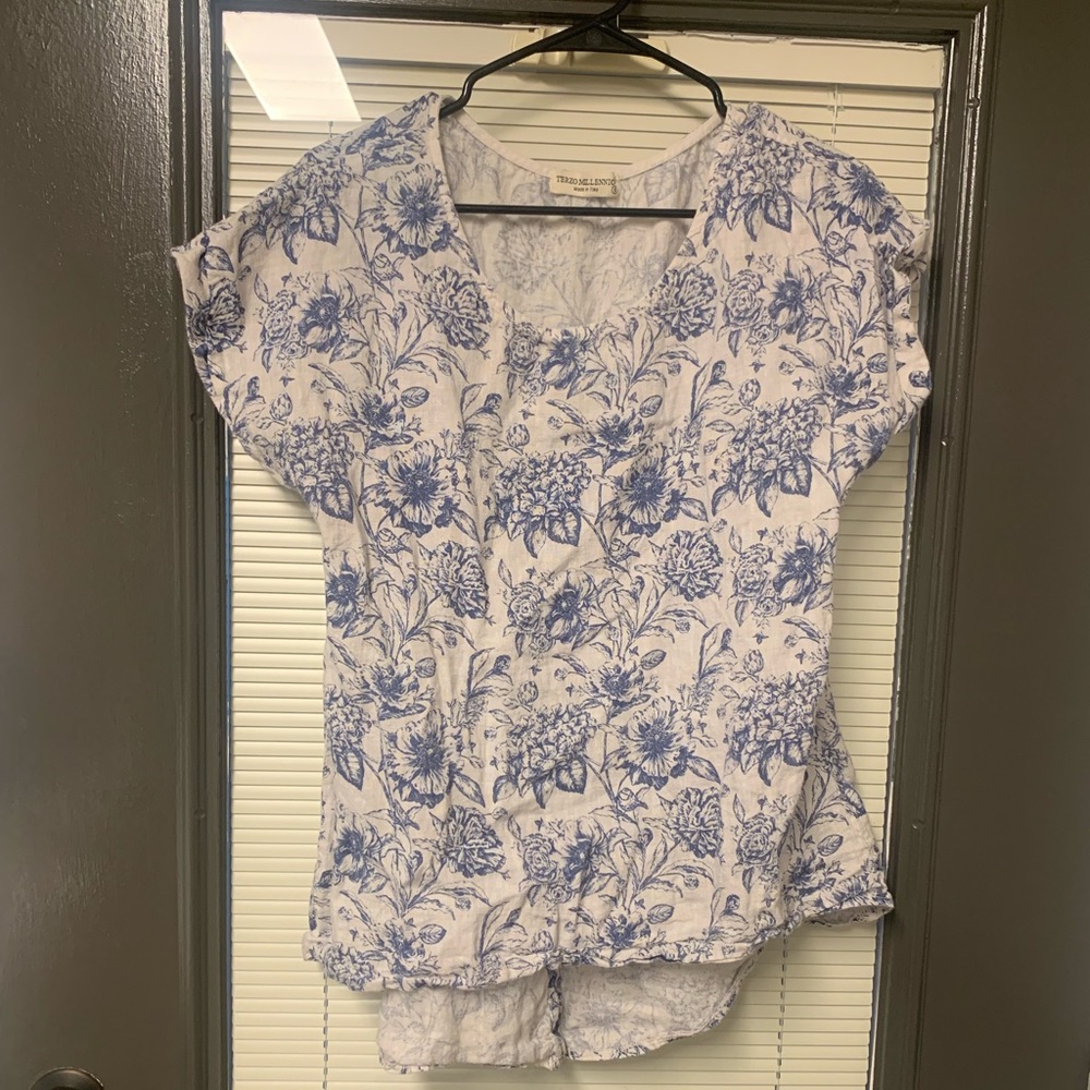 🇮🇹 Terzo Millennio Women Floral LINEN Shirt Sz S